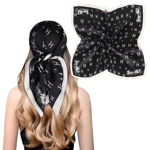 Relang Silk Satin Head Scarf 27.5x27.5 Black & White