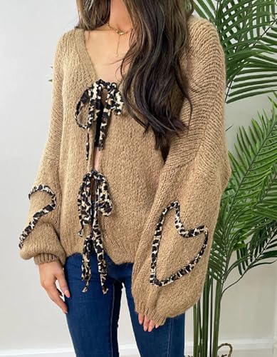 Image of Women's Tie Knot Leopard Heart Print Knit Cardigan Oversized V Neck Open Front Bandage Sweater Trendy Fall Knit Outwear