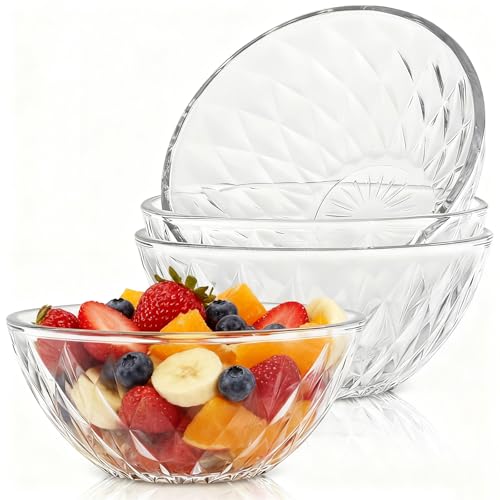 LONTOM 4-Piece Set Glass Bowls, 300ml/10.6oz Trifle Bowl Dessert Bowls, Stackable Diamond Salads Bowls Fruit Bowl Serving Bowls for Salad, Cereal, Dessert, Fruit, Candy, Yogurt, Snack, Cream, Pasta