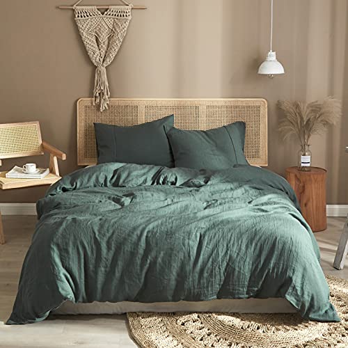 Ivellow Green Linen Duvet Cover Queen 100% Pure Washed French Flax Linen Duvet Cover Set Soft Breathable Moisture Wicking Cooling Linen Bedding Set 3Pcs ( 1 Linen Queen Duvet Cover 2 Pillow Shams)