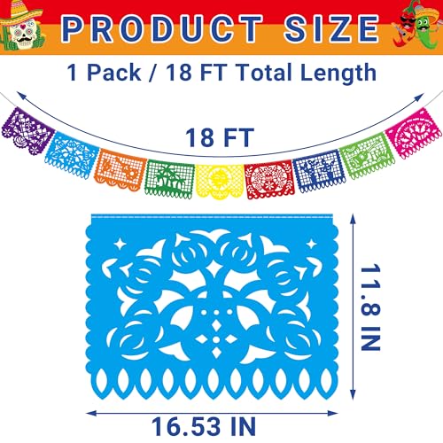 18 FT Cinco De Mayo Party Decorations, 1 Pack Fiesta Banner with 9 Plastic Papel Picado, Colorful Mexican Theme Party Flag Banner Dia De Los Muertos Day of the Dead Hanging Decor Home Party Supplies
