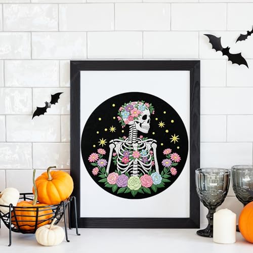 Image of Louise Maelys Halloween Skeleton Floral DIY Embroidery Kit for Beginners | Needlepoint Kit Includes Hoop, Fabric, Threads, Needles and Instructions. Skeleton Floral Rose Design for Cross Stitch Kits