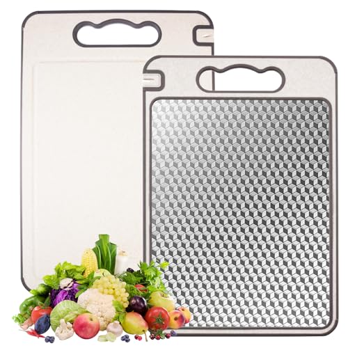 Tabla De Cortar Acero Inoxidable 37 x 25cm Tabla De Cortar De Doble Cara con ranura para zumo y borde afilado, Antideslizante,sin BPA,para Cocina para Carne,Queso,Frutas, Verduras,Bordes De Silicona