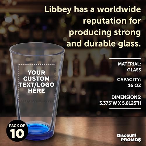 Custom Pint Glass 16 oz. Set of 10, Personalized Bulk Pack - Beer Glasses, Heavy Duty Drinkware - Blue - Thumbnail 4