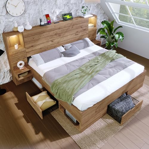 Lubvtti Cama de matrimonio de madera con focos LED, USB+Type C,nicho iluminado,mesitas suspendidas,cajones,estructura de la cama de matrimonio con almacenamiento (E roble, 160 x 200)