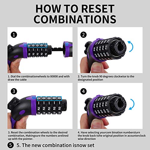 Bike Locks, Huiyufei Bicycle Lock High Security 5 Digit Resettable Combination Core Steel Wire Bike Lock Cable For Bike Outdoors,4 Feet X 1/2 Inch (Purple) #TOP1