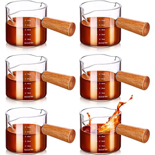 6 Pieces Espresso Measuring Shot Glass Double Spouts Measuring Cup Triple Pitcher Milk Cup with Wood Handle 2.5 oz Small Glass Clear Barista Coffee Carafe