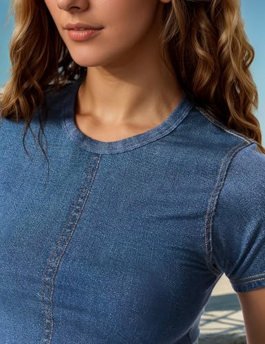 Womens Modal Print Denim Baby Tees Shirts Look Like Denim Short Sleeve Crewneck T Shirts Cute Trendy Y2K Tops 20254