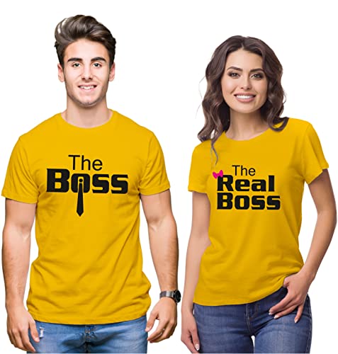 Image of Hangout Hub Hangout-Hub024$P Couple Tshirts for Couples | Printed The Boss The Real Boss T-Shirts | Men's and Women's Round Neck T-Shirt (Pack of 2, Cotton, Half Sleeves)