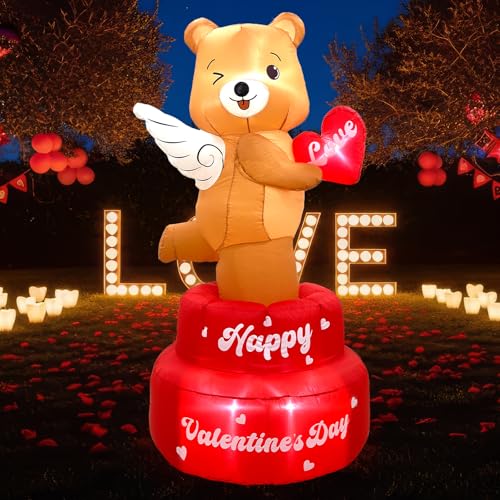 OurWarm 6FT Valentine Inflatables Outdoor Decorations Rotating Angel Bear Valentines Inflatables with Wings Cute Valentines Day Blow up Inflatable with LED Lights for Yard Lawn Party Wedding Decor