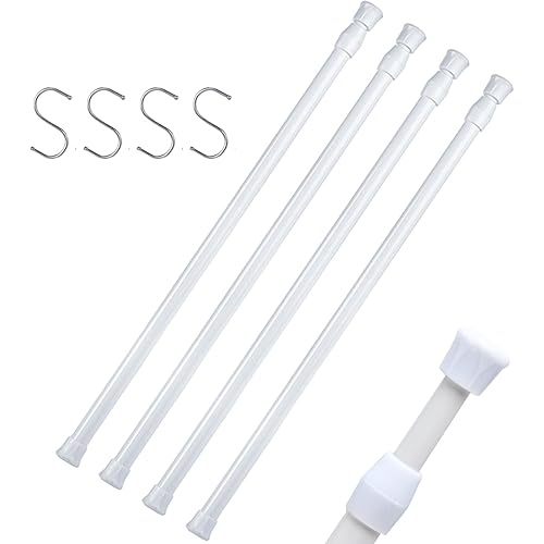 4 Packs Small Tension Rods 16 to 28 inch Spring Adjustable Bars for Camper RV Refrigerator, Kitchen Windows, Cupboard Utensils, Closet, and Cabinet, White