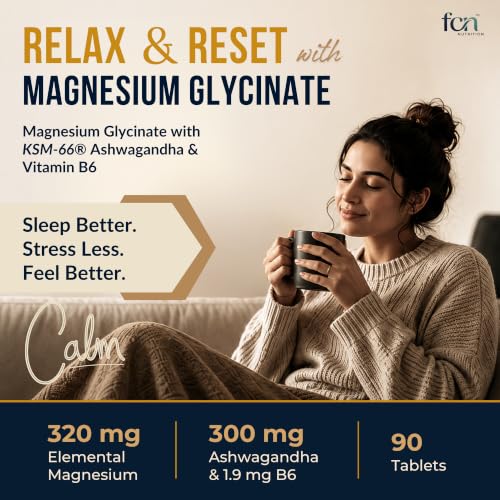 Image of FCN - Magnesium Glycinate Chelated 320mg Per Serving (160mg Per Tablet) with Patented KSM-66 Ashwagandha & Vitamin B6 for Women & Men | Sleep, Stress & Muscle Recovery Support | Vegan | 90 Tablets