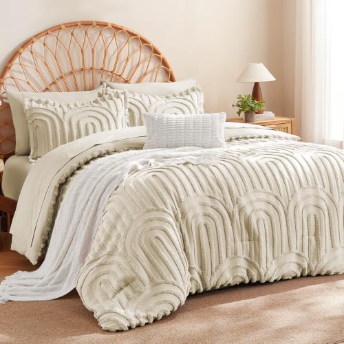 Image of MR&HM Boho Comforter Set Full 7 Pcs, Beige Western Arch Tufted Bedding Set