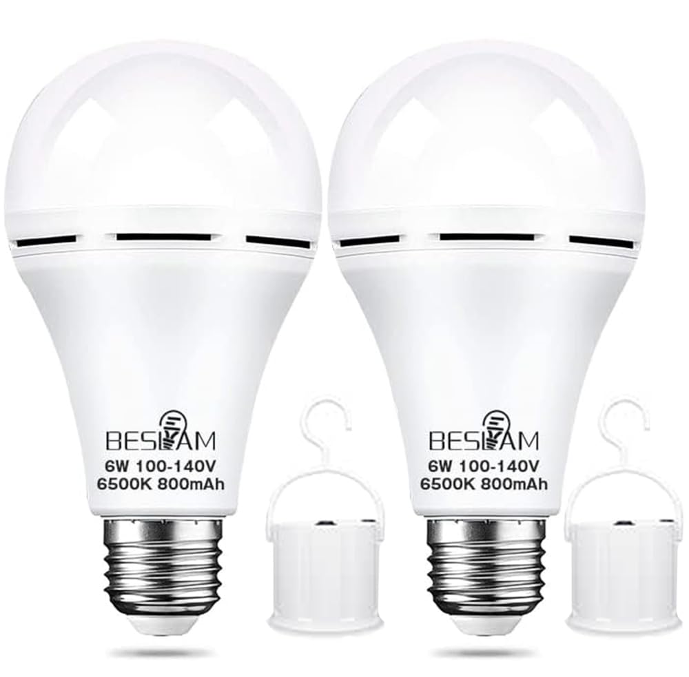 BESLAM LED電球 停電時自動点灯ライト E26 40W形相当 6W 昼光色 480lm フック付 充電式電球 緊急ライト 非常灯 自動点灯 停電 防災 省エネ PSE認証済 メーカー2年保証 (A60-2個セット)