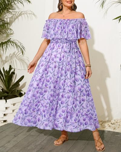 Image of Plus Size Chiffon Off The Shoulder Maxi Long Floral Summer Casual Beach Boho Sundress Women 2024