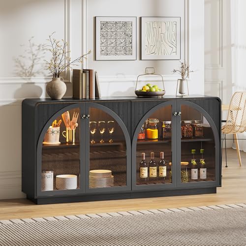 beronbaer Sideboard Buffet Cabinet with Storage, 68" Black Credenza Accent Cabinet Buffet Table w/4 Arched Glass Doors & LED Light, Modern Coffee Bar Liquor Cabinet w/2 Shelves for Kitchen Entryway
