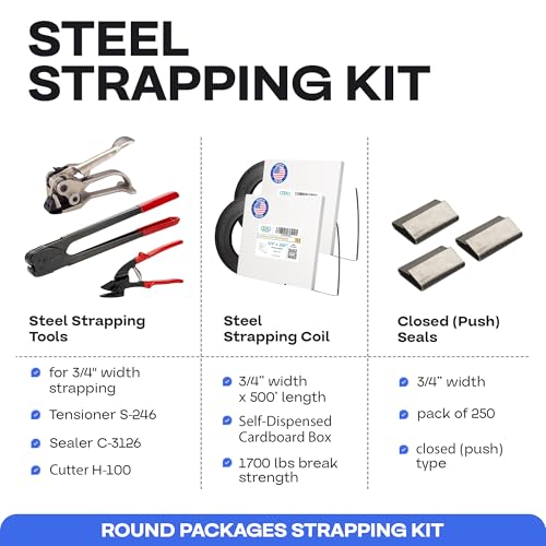 Image of IDL Packaging Round Packages Strapping Kit for 3 /4 inch x 500' Steel Strapping, 1700 lbs Break Strength - Packaging Strapping Solution for Pipes - Enough Strapping and Seals for 250 Uses Before Refill