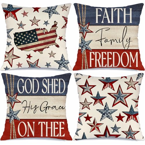 MODOVOS 4th of July Pillow Covers 20x20 Set of 4 Faith Family Freedom Stars USA Flag Independence Day Decorations God Shed His Grace On Thee Memorial Day Patriotic Throw Cushion Case for Sofa Couch