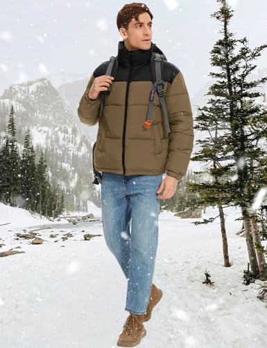 Image of PEHMEA Men's Puffer Jacket Stand Collar Zipper Coat with Pockets Retro Bubble Outwear for Winter