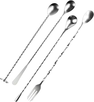 4 Types 304 Stainless Steel Cocktail Mixing Spoons with Long Spiral Handle