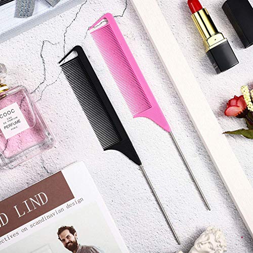 12 Pieces Parting Comb For Braids, Rat Tail Comb Pintail Comb Teasing Combs With Stainless Steel Pintail For Hair Styling Hairdressing (Black, Pink) #TOP6