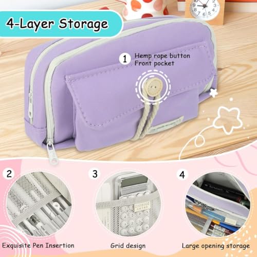 Image of Canvas School Bag Pencil Case, 3 Layer 6 Compartment Large Capacity, Aesthetic Pencil Pouch for Stationary, Cute Stationery for Kids, Pencil Case for Girls & Boys (Our Timer P)