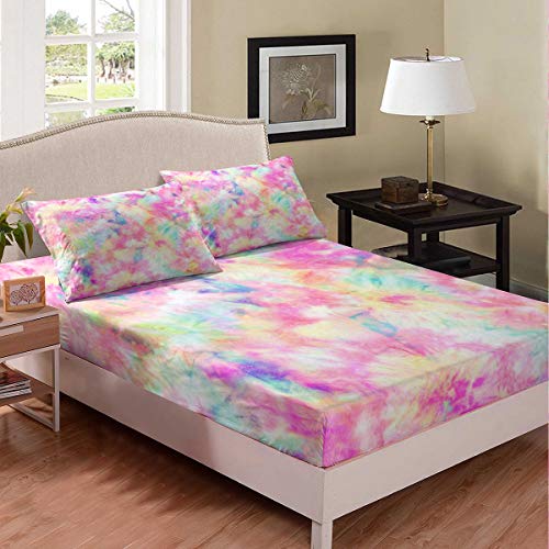 Erosebridal Kids Tie Dye Pink Fitted Sheet Batik Bedding Set for Children Boys Girl Women Watercolor Psychedelic Fitted Bed Sheet Ultra Soft Twin Size 1 Fitted Sheet with 1 Pillow Case(No To