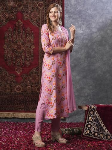 Image of GoSriKi Women's Cotton Blend Printed Straight Kurta and Pant with Dupatta Set