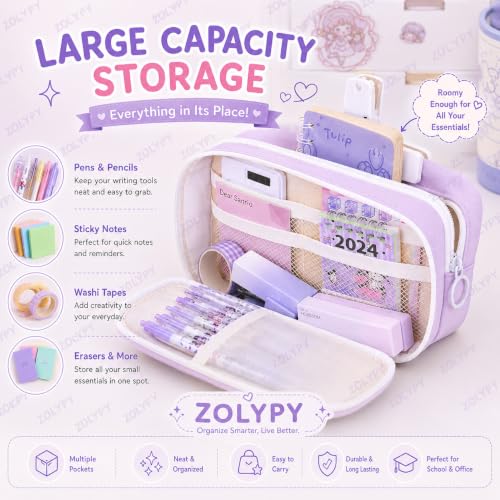 Image of Kawaii Cute Aesthetic Pencil Case 3 Layer 6 Compartment Large Capacity for Students | Pencil Pouch with Zipper | Cartoon Stationery Organizer Bag for Kids, Pencil Case for Girls & Boys (Nice Purple)