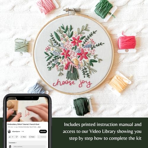 Image of Elly & Grace Christian Embroidery Kit with Embroidery Hoop, Easy Embroidery Kit for Beginners and Adults, Full Embroidery Hoop Kit with Needles and Thread Included (Choose Joy)