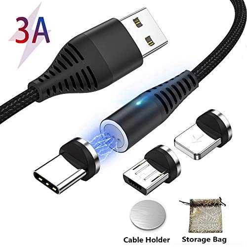 Kyerivs USB C Magnetisches Ladekabel mit LED Lighting/Micro USB/Typ C Schnellladekabel,3 In 1 Magnet Kabel 3A für Samsung Galaxy/Android/i-Products 7 8 X XR, Sony