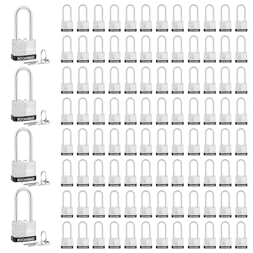 Image of Keyed Padlocks, Laminated Steel Padlock, Keyed Alike Locks with Same Keys, Long Shackle, PE Plastic Hoop, This Pad Lock with Eco-Friendly Materials, 100 Pack