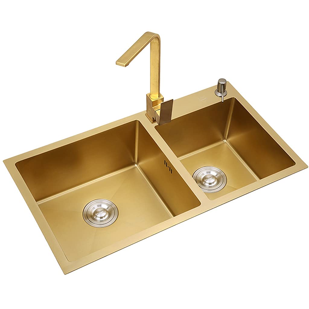 ZQFHSX Kitchen Sink. Brushed Gold Double Bowls Square Sink 304 Stainless Steel Drop-In Or Undermount With Faucet And Installation Kit Suitable For Bar (Color : Gold, Size 75×40×22cm)