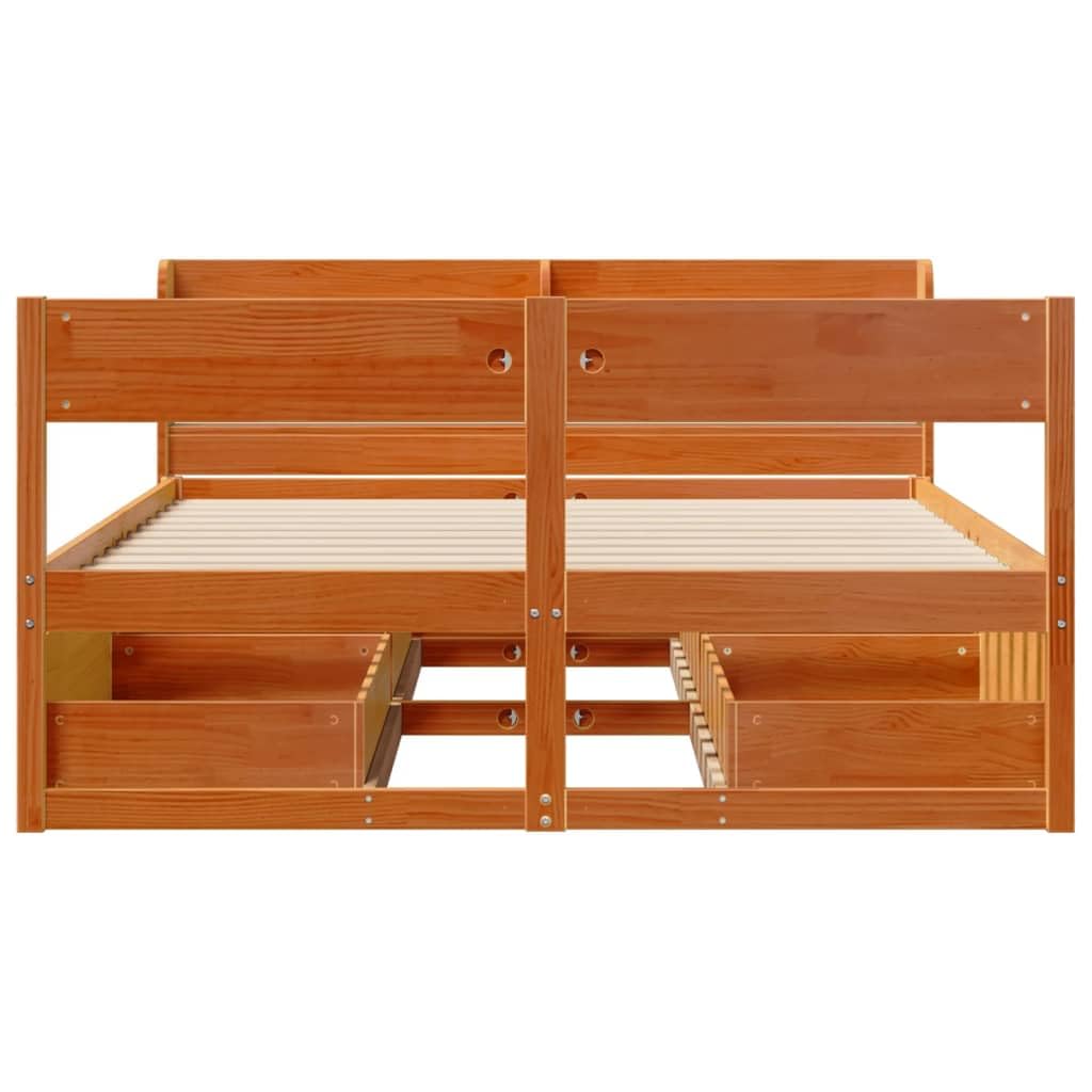 Cama de madera maciza sin colchón, marco de cama, marco de cama, cama de madera, marco de cama de madera, color marrón cera, 135 x 190 cm, madera de pino