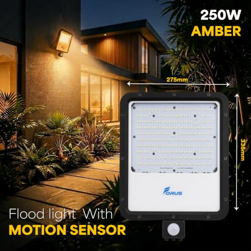 Image of Forus 250W LED Flood Light Amber with Motion Sensor Auto On Off Day Night Mode Waterproof Outdoor Security Light for Garden Parking Garage Factory Warehouse High Bright Floodlight 4Yr Warranty-1Pc