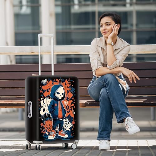 Image of Street Art Skeleton Luggage Cover - Graffiti Style Travel Protector for 24-26 Inch Suitcases, Machine Washable & Stretchy,M