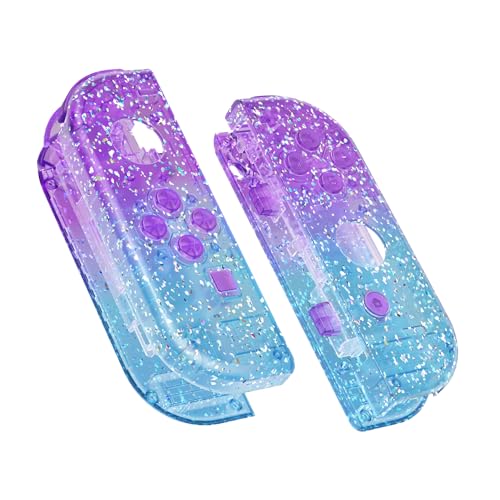 eXtremeRate DIY Replacement Shell Buttons for Nintendo Switch & Switch OLED Joycon and Strap, Glitter Gradient Translucent Bluebell & Blue Housing Wrist Strap with Buttons for Switch & Switch OLED