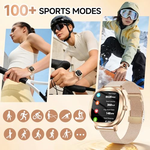Image of Smart Watch for Women, 1.72 inch Fitness Tracker with Answer /Make Calls, Sleep /Heart Rate Monitor, Smartwatch for Android iOS Support 100+ Sports Modes, IP68 Waterproof, Fitness Watch with 2 Band (Gold)