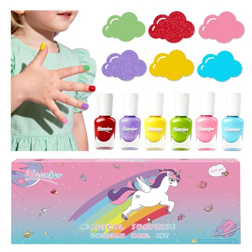 Aieenjor Kinder-nagellack Set, Nagellack Kinder ab 2 3 4 5 Jahre Mädchen Ungiftig, Abziehbar Wasserbasis Kinde Mädchen Geschenk Kit- 6 Farben Regenbogen Party Favors