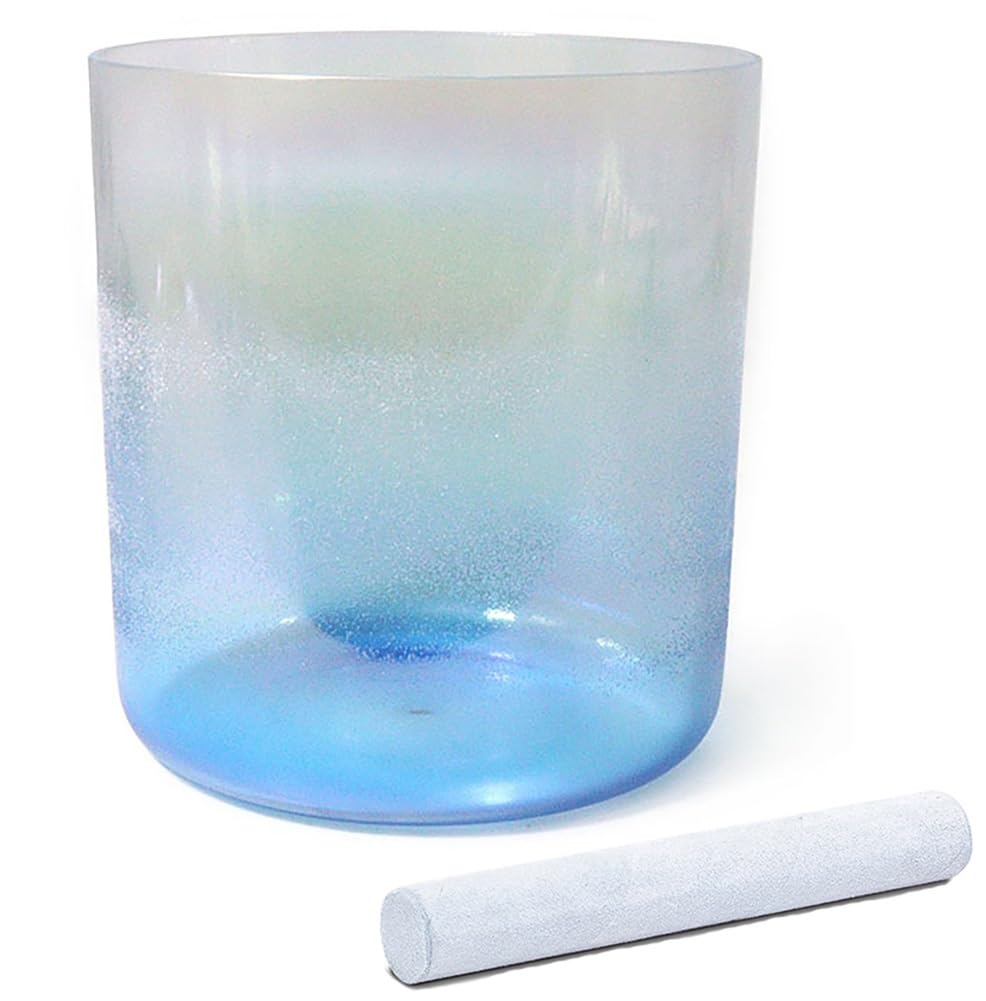Campana tibetana in cristallo di quarzo per chakra, ideale per yoga, meditazione e bagni sonori, blu sfumato con martello in pelle scamosciata e O-ring, nota Mi da 432 Hz e 8,432 Hz-8 pollici E note
