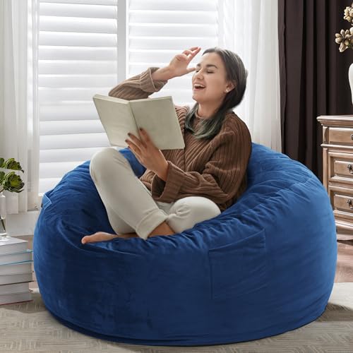 Kromax Bean Bag Chair with Filling Included Large 4FT Comfy Bean Bag Chairs for Adults Teens Memory Foam Machine Washable Thick Dutch Velvet Cover for Living Room Den or Bedroom Blue