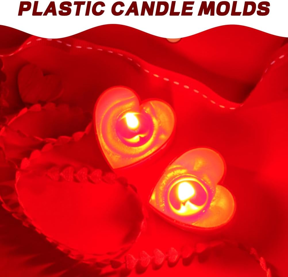 jojofuny 30Pcs Heart Shaped Candle Cups 1.57X1.49X0.66In Plastic Tea Light Containers with 30 Candle Wicks for DIY Making Crafts