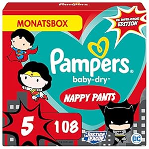 Pampers Windeln Superhelden Pants Größe 5 (12-17kg) Baby-Dry, Junior mit Stop- und Schutz Täschchen, MONATSBOX, 108…