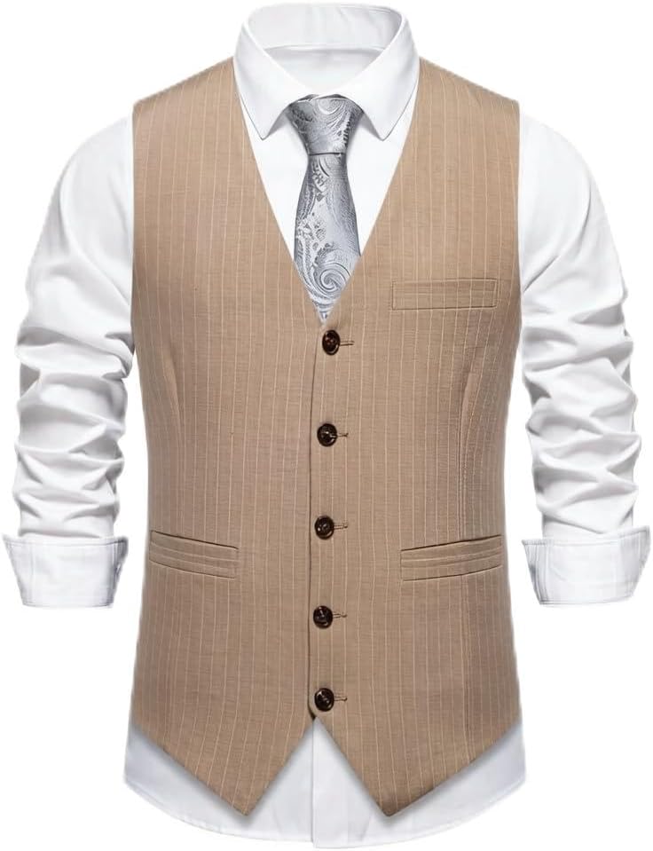 Dress Vest for Men Formal Casual Khaki Suit Vests with 3 Pockets Business Office Work Pinstripe Tuxedo 5 Button Mens Waistcoat Vest Slim Fit Golf Church Club Party 2026 Fashion(Khaki L)
