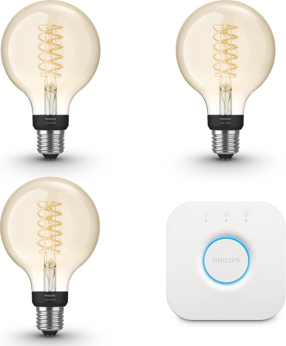 Philips Hue Starter Pack - E27-3 Bombillas Filamento Globe Pequeña (G93) - Luz blanca cálida - incl. Hue Bridge - Hue White Filament
