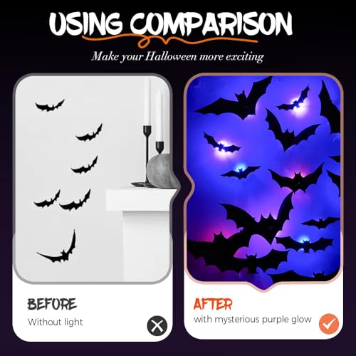 Image of 3D Bat Design LED Decoration, Halloween Lighted Bats Wall Stickers (24Pcs)