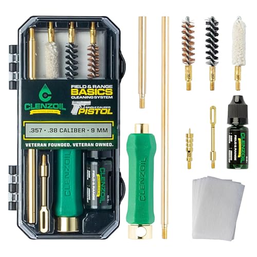Clenzoil Pistol Basics Single-Caliber Cleaning Kit - All-in-One Gun Cleaning Kit - Gun Maintenance & Firearm Care - with Bore Brushes, Gun Oil & More - for 38 Caliber & 9 mm Pistols