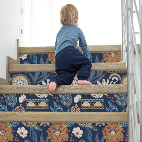 Blue Boho Peel and Stick Wallpaper Vintage Floral Retro Botanical Removable Self Adhesive Waterproof Contact Paper 17.7"x118" for Bathroom Bedroom Cabinets and Drawers Wall Decor