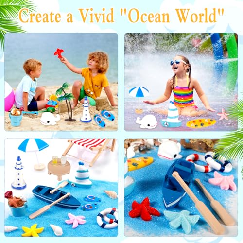 Amzeeniu Strand-Mikrolandschaft 42 Stück Mini-Stranddekorationen Miniliegestuhl Kleine Palme Deko Muscheln Deko Schildkröte Deko für DIY Zen Garten Dekoration Einzigartiges Geschenk Surfbrett deko