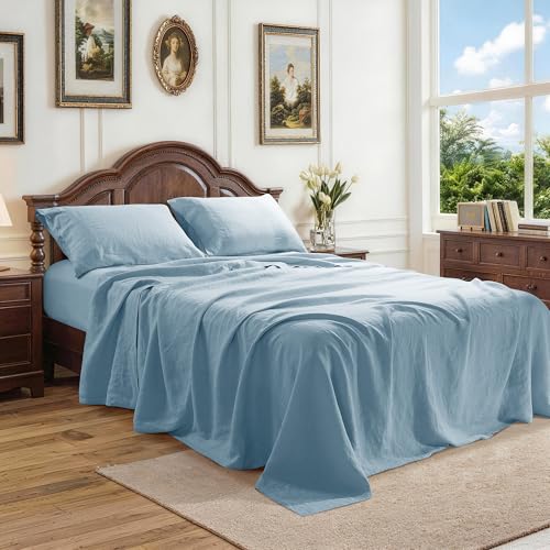 Image of 100% Pure Linen Sheet Set for Hot Sleepers, Breathable Natural Linen Sheets 4pcs, Bedding Set Deep Pocket Up to 16 inch Moisture-Wicking, Softens with Every Wash (Dusty Blue Queen)
